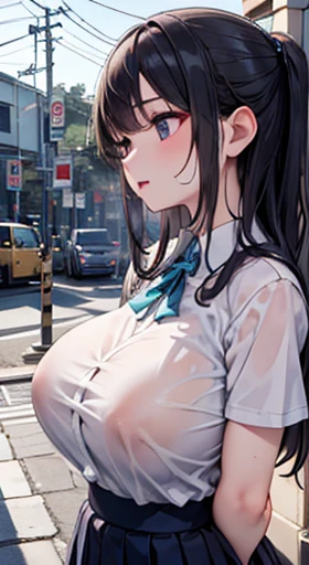 ((超high quality)), (In the heavy rain、Woman waiting for a traffic light), (Wearing a wet, pure white high school uniform:1.3), (The chest is covered by clothing), (The areola is transparent), (Leaning against a wall), (In 8K), (Place your arms behind your ...