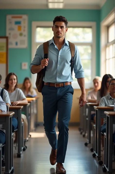 A college boy entering in a class. He is tall smart handsone cool and confident.