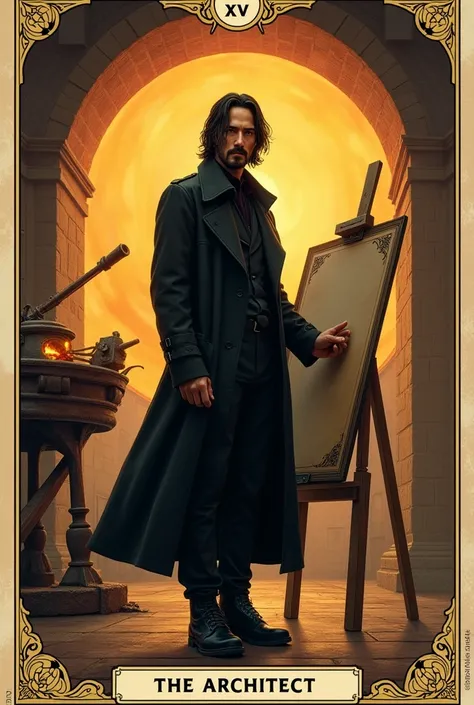 A tarot card numbered XXV and titled The Architect, Full body portrait drawing of Keanu Reeves as an architect with glowing eyes wearing a black trench coat while designing and looking at a drawing board, the sun and a forge behind a fiery background