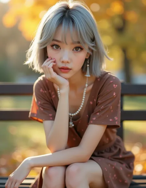 (8k, Photorealistic, Original photo, Highest quality: 1.4),Japanese idol-style beautiful girl,1,1 person,(Short Bob),(Silver Hair),She has her hair tucked behind her ears,Clear grey eyes,Long eyelashes,(piercings(pearl)),(Lip gloss),lips(Plump,glossy),Tran...