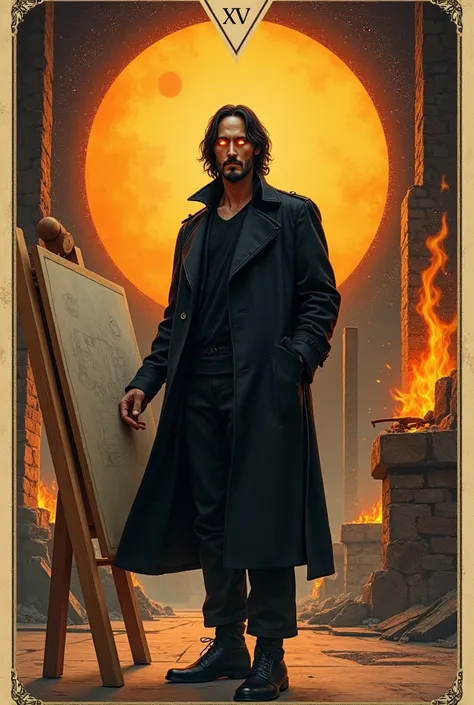 A tarot card numbered XXV and titled The Architect, Full body portrait drawing of Keanu Reeves as an architect with glowing eyes wearing a black trench coat while designing and looking at a drawing board, the sun and a forge behind a fiery background