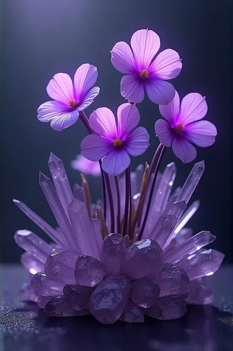 Bunch of viola flowers and crystals in a dark pale purple background 