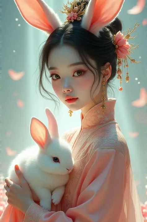 A Chinese woman，A Chinese beauty in gorgeous Hanfu，Wearing Chinese ornate rabbit ears on the head，Big eyes，1，Holding a little white rabbit in my arms，Sikkim Red and Blue，Minimalism，Surrealism，Masterpieces，Color gradient realistic，Ultra HD，Fine details