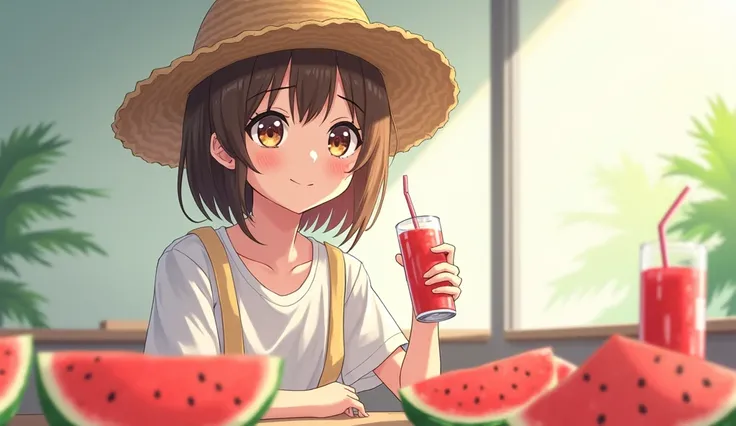 anime girl with a straw hat and a drink sitting at a table with watermelon slices, anime girl drinks energy drink, anime moe artstyle, guweiz, artwork in the style of guweiz, anime visual of a cute girl, anime food, anime style 4 k, young anime girl, high ...