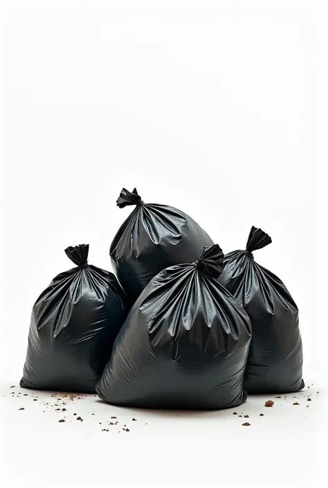 Make a realistic image of several stinking garbage bags with a white background