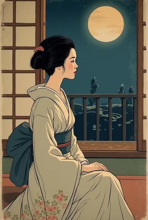 A traditional Japanese ink wash painting set in the Edo period, featuring a beautiful courtesan gazing out of a second-floor window at the night sky. The image is composed using the golden ratio, with a sensual and elegant feel. The paper has an aged textu...