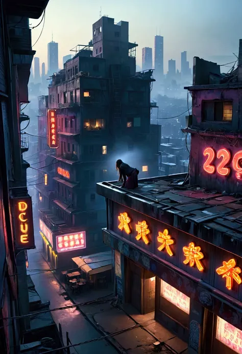 Front of nightclub that is a two-story building in slums with neon signs in the year 42,000, grim dark, neon sign says Deuce de fiole , no people, close up, second neon sign of a woman bending over, massive buildings are everywhere in the skyline, slightly...