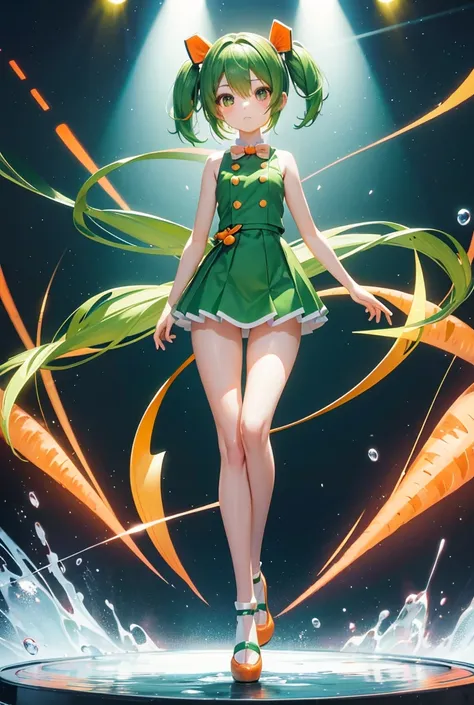 Chibi, Kawaii, short arms and legs, large head, Nendoroid style figurine, legs even shorter,
Thin arms and legs, large shoes, 3D, full body shot, one girl, green hair, short twin-tails, orange ribbon,
Thin Hair, Clear Face
Carrots on white background,