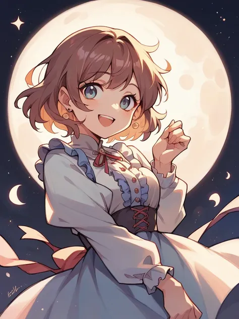 great laughter,cute woman,full smile,full moon,full moon,frilled shirt