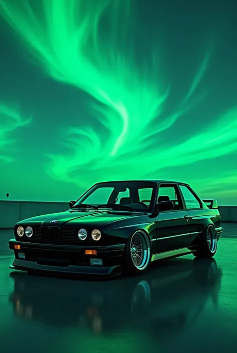 Black bmw e30 green 
neon light with clean place
 with drifting sky with full black and fully modified 