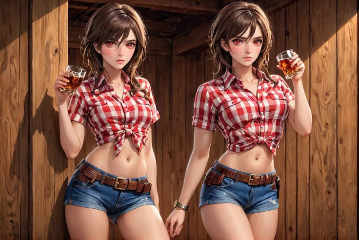 (((１by people:2.0))),(((female gunfighter:2.0))),(((nsfw:0.5))),(((wearing denim hot pants:1.5))),(((wear a red checked short-sl...