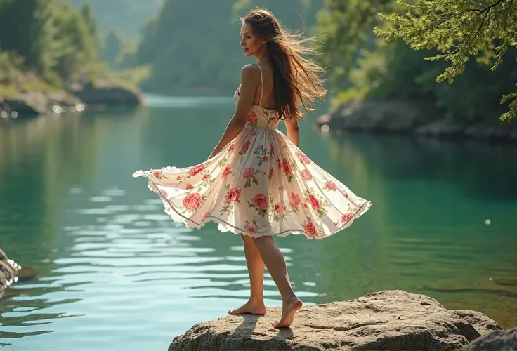 A woman in a floral mini dress, barefoot, standing on a rock near a body of water. She turns around as the wind ruffles her dress and hair