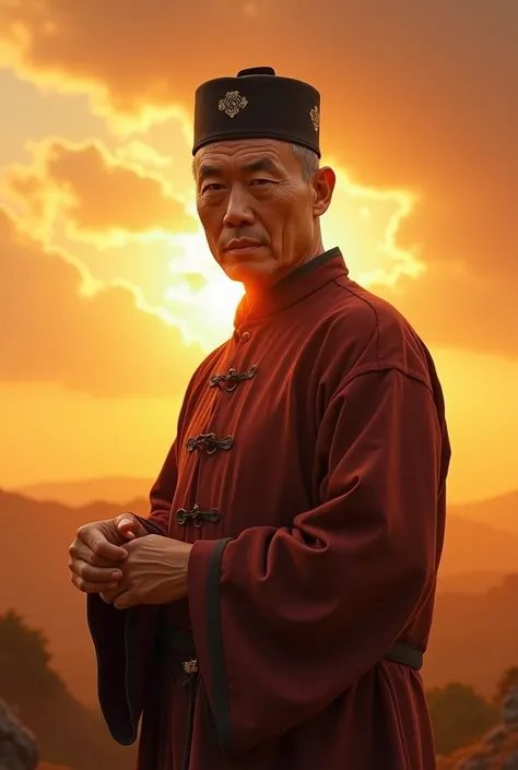 Chinese kumfu master wearing traditional cap standing solo while sunset in a movie look