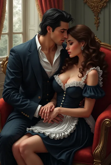 Beautiful black horse man, blue eyes and elegant suit, sitting on a piece of furniture with a beautiful long-haired woman, curly and brown, and dressed as a maid sitting on his lap. He holding her waist with one hand and touching her lips with the other ha...