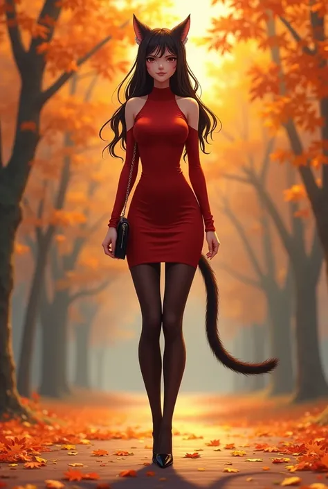 Please draw an animation of a cat girl walking along an autumn path.。Please wear black stockings。Please draw her with twin tails。Please draw her with big boobs。Please stop wearing knee-highs。Please draw me in red clothes。Please draw her tall and in a model...