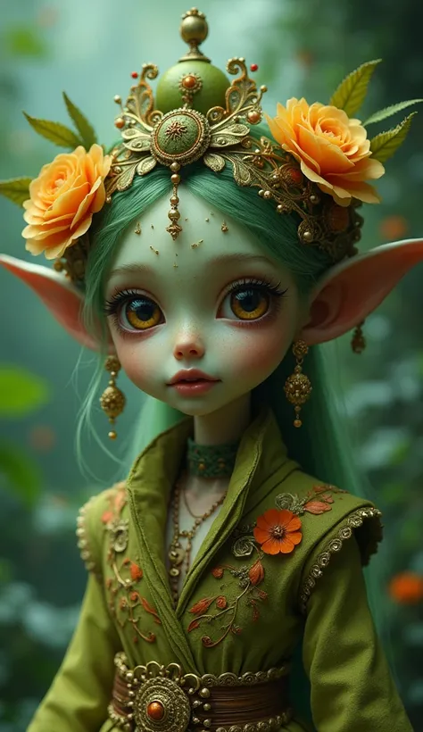 a small Guava humanoid, mysterious wonderland, wearing intricate clothes, mysterious forest, (best quality,4k,8k,highres,masterpiece:1.2),ultra-detailed,(realistic,photorealistic,photo-realistic:1.37),detailed eyes,detailed lips,extremely detailed face,lon...