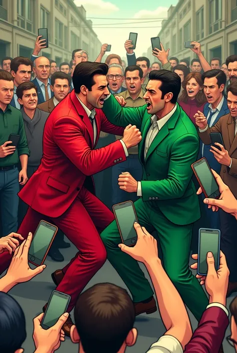 People laughing and filming two men fighting, the two men who are fighting are wearing red and green clothes the two men look angry