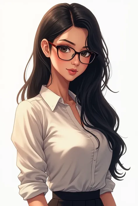 Potrait An attractive indian anime beautiful sexy teacher characters wearing glasses in decent outfit and white background 