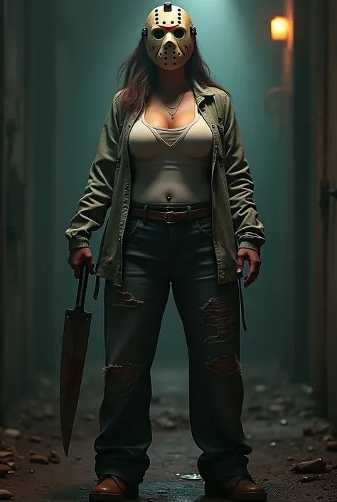 Jason Voothees from Friday the 13th reimagined as a woman wearing his iconic costume. Hockey mask, machete, 1girl, Solo, Breasts, Large breasts, Cinematic, horror