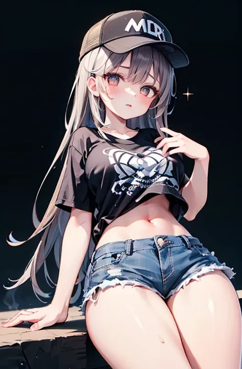  ((1 girl)),Rough pose, (Sit down and raise your knees), Droopy eyes, (Punk Fashion), (Oversized T-shirt),Shorts, Trucker Cap, warm, Black Fashion , , デニムShorts, Big Breasts, Cowboy Shot,((Very detailed,Best Quality, High resolution, Indifference, 8K wallp...