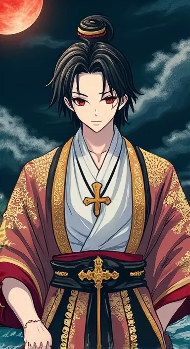 Amakusa Shirou Tokisada、Japanese style costume、Cross on chest、Rin々Shii、Beautiful Boy、Storm background、