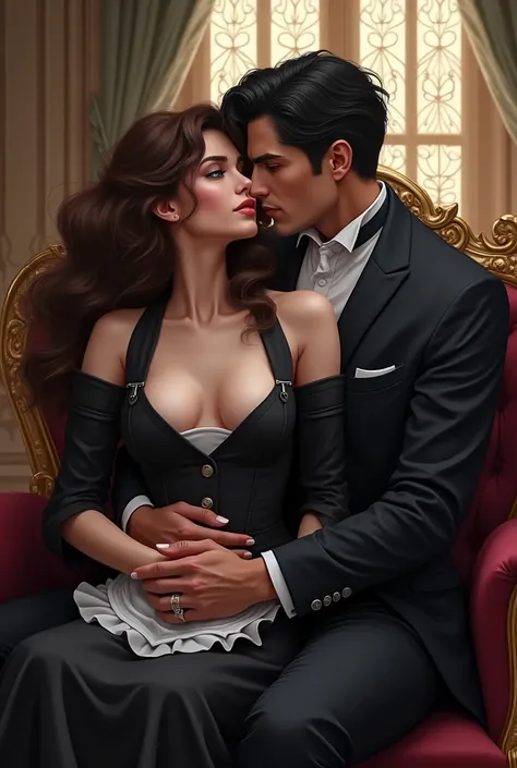 Beautiful black horse man, blue eyes and elegant suit, sitting on a piece of furniture with a beautiful long-haired woman, curly and brown, and dressed as a maid sitting on his lap. He holding her waist with one hand and touching her lips with the other ha...