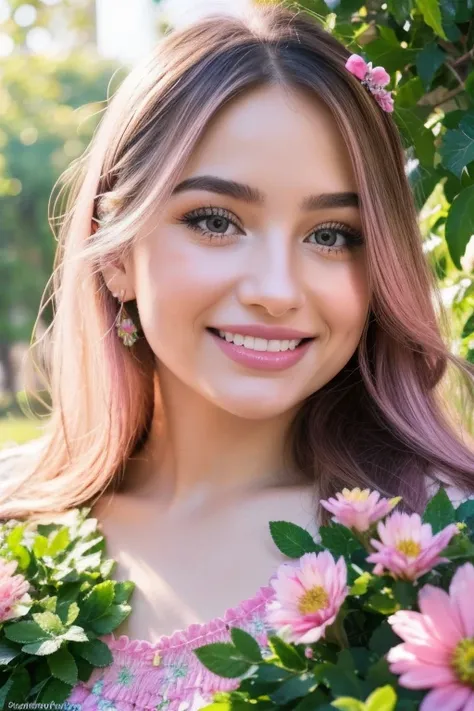 An argentinian girl with a joyful expression, beautiful detailed eyes, beautiful detailed lips, extremely detailed face, long eyelashes, smiling happily, pink flowery dress, in a garden with lush greenery, vibrant colors, warm lighting, realistic, photorea...