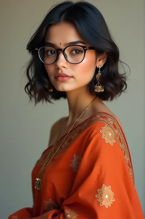 a realistic image of a Indian girl wearing a Indian sharee and glasses in her  mid 20s wolf cut hair full body image