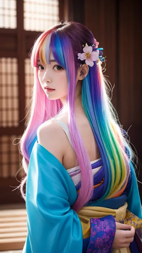 Rainbow Hair　Long Hair　Mysterious　Upper body background aura wearing a kimono

