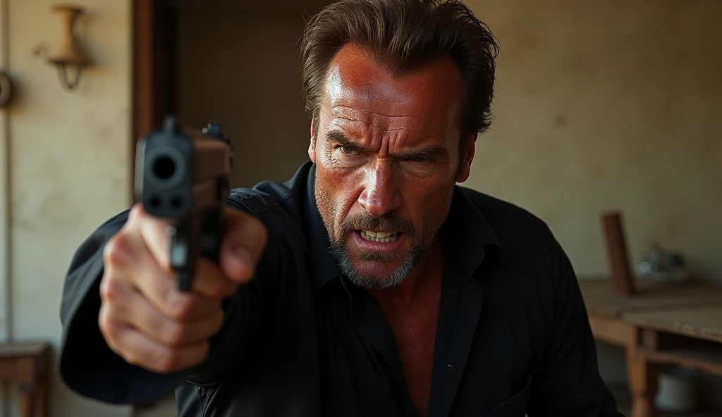 Create a close-up image of Arnold Schwarzenegger dressed as a traditional  (thief), wearing loose-fitting black . He is holding a gun in one hand as if he is about to shoot, with an intense, angry expression on his face, as if he is speaking in rage. The s...