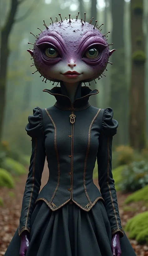 a supernatural humanoid creature with a Blackberry-shaped head, a human-like face, in the style of Alice in Wonderland, extremely detailed clothing, full body shot, 4k 8k, realistic, masterpiece