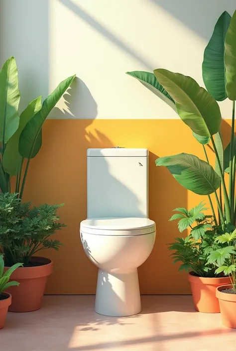 realistic toilet with closed toilet lid, look straight and a little bit higher view to it. in a bright color room, has plants