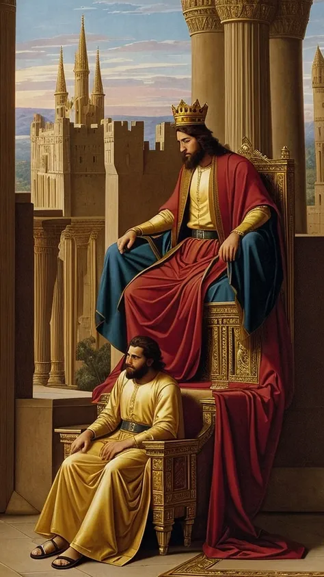 King Solomon sits on his throne in the castle, nearby a young man tells a parable about the fate of King Solomon