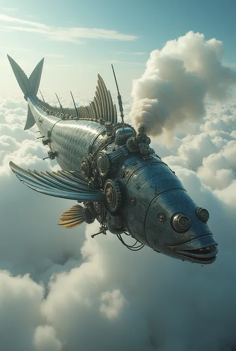 High resolution, Best Quality, accurate, High detail, High-resolution model, Very detailed, Ultra high definition, A giant mechanical flying arowana made from a combination of a steam engine and gears,Countless propellers,Steam coal smoke,Steampunk