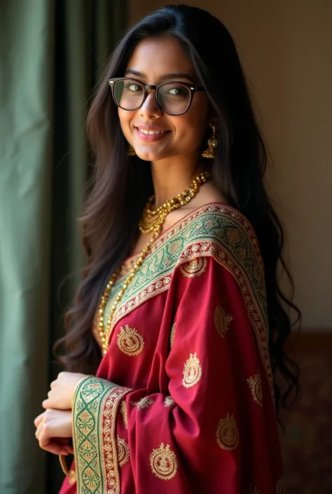 a realistic image of a Indian girl wearing a Indian sharee and glasses in her  mid 20s beautiful hair full body image, beautiful face, smile 