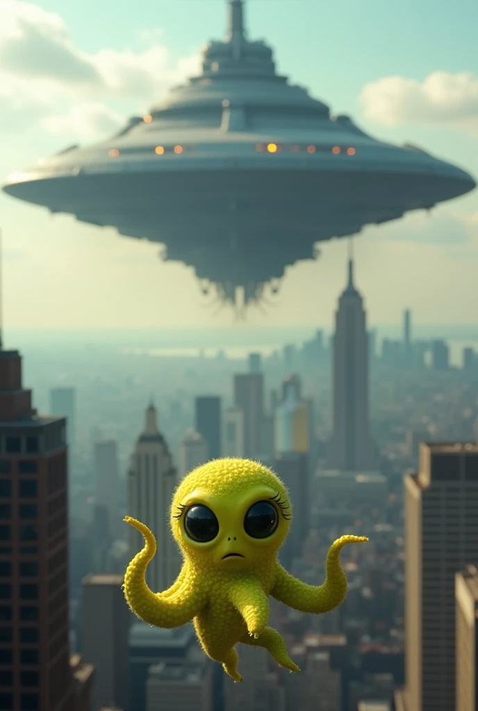 High resolution, Best Quality, accurate, High detail, High-resolution model, Very detailed, Ultra high definition, A huge spaceship appears over Manhattan and an alien descends in front of it,Yellow-green octopus-shaped alien,Round eyes,Long eyelashes,Surp...