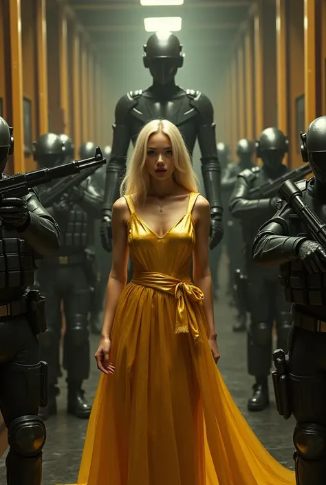 araffe woman in a gold dress standing in a hallway, movie still of a villain cyborg, jacky tsai style, human soldiers, pistols, inspired by Tang Sin Yun Sandara, shot on anamorphic lenses, syndicate(2012), rendering of beauty pageant, library of babel, blo...