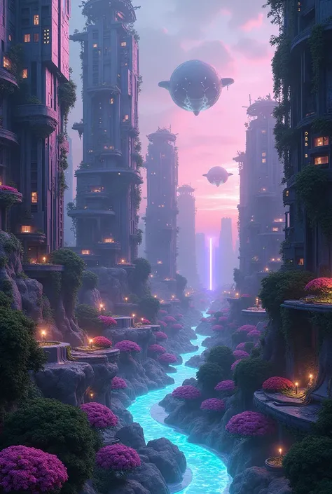 "A futuristic cityscape blending cyberpunk and biophilic design, where towering skyscrapers are interwoven with organic structures, glowing neon streets contrast with flowing rivers of light, and the sky is filled with ethereal, hovering creatures that rep...