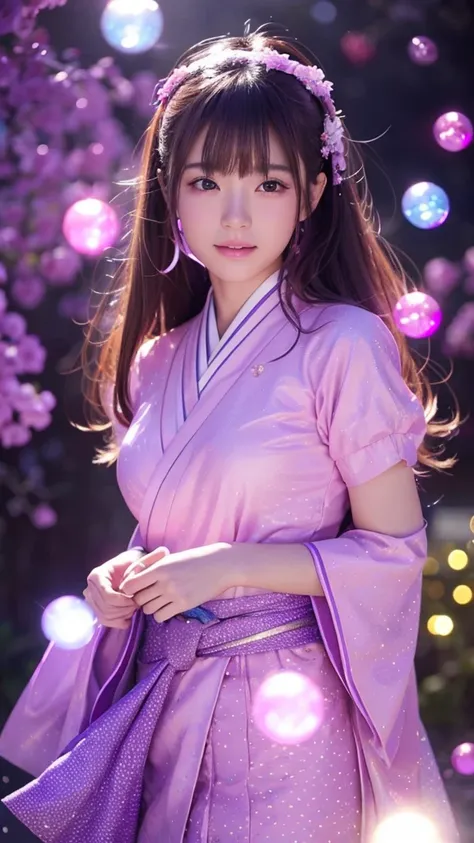 This image is、Featuring ultra-realistic, live-action Japanese beauties。The background is dotted with magical lights.、Pink and purple light、Floating transparent bubbles floating around。The beautiful girl&#39;s costume is a light pink dress.、It features a re...