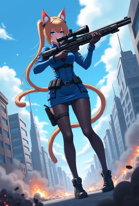 Please draw an anime of a cat girl soldier。Please wear a futuristic tight-skirted combat uniform, a sniper with a rifle, and black stockings.。Draw me aiming with a rifle。The background is a futuristic city and a battlefield.。Please draw the hair in twin ta...