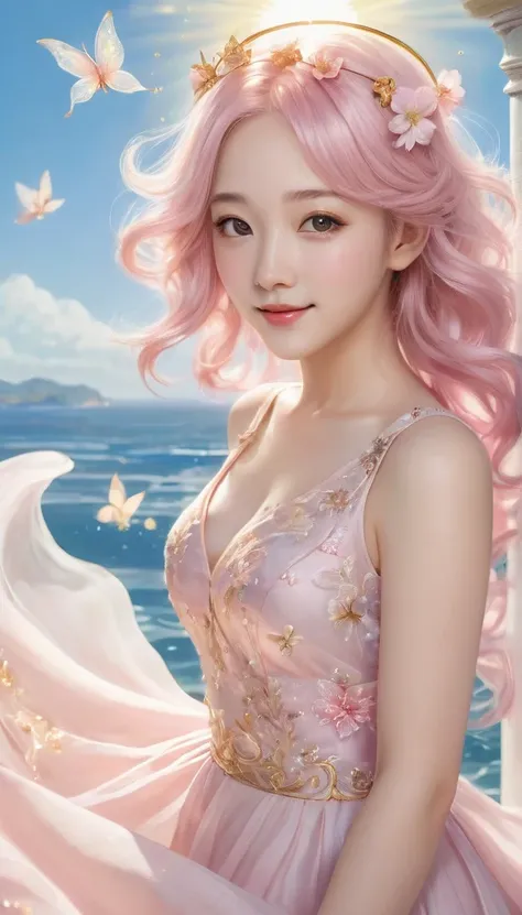 "Draw an image of a woman with a joyful expression, With pale pink hair、Wearing a pink, fluttering flower-like dress. Eyes as clear blue as the sea、The child is depicted with an angelic theme, With a shining halo、Includes a shimmering background that sugge...