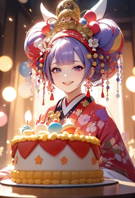 (masterpiece:1.5),(Beat Quality),(High resolution),One girl,Beautiful Face,smile,Upper Body,Light effects,Oiran women,Celebration cake
