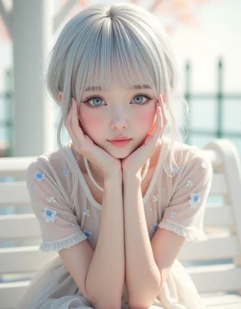 (8k, Photorealistic, Original photo, Highest quality: 1.4),Japanese idol-style beautiful girl,1,1 person,(Short Wolf Cut),(Silver Hair),She has her hair tucked behind her ears,Clear grey eyes,Long eyelashes,(piercings(pearl)),(Lip gloss),lips(Plump,glossy)...