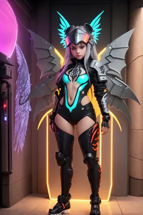 A beautiful & attractive very young girl wearing a cyberpunk armory designed like a tiger shark, wearing a cyberpunk designed lobster helmet, with gaint illuminating wings, with tiger shark fin & tails, full body viewing details, camel toe, gray hair, with...