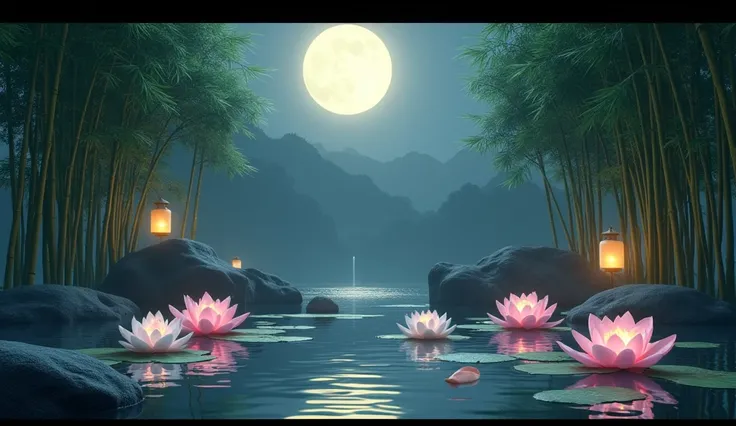 Create a serene Zen pond scene under a full moon, surrounded by tall green bamboo. The moonlight reflects on the calm water surface, highlighting blooming pink and white lotus flowers. A small waterfall flows into the pond from a distant rocky corner, addi...