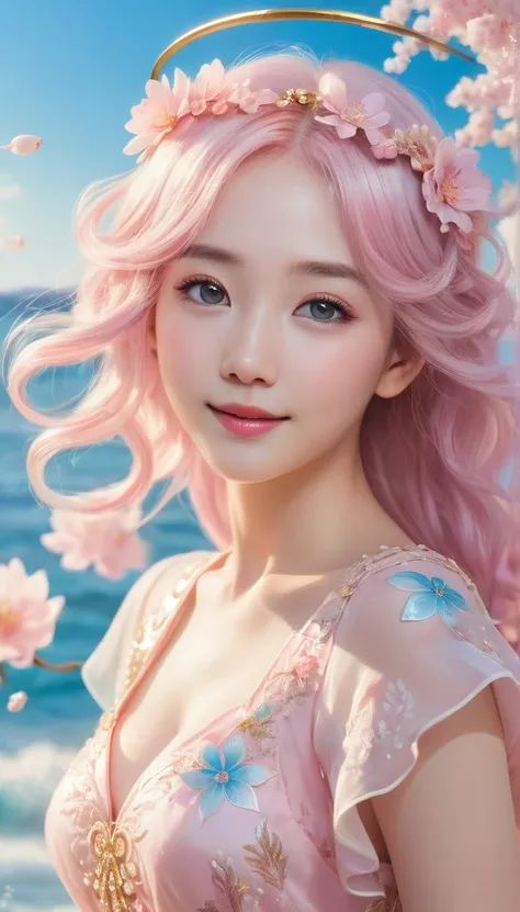 "Draw an image of a woman with a joyful expression, Facing forward、With pale pink hair、Wearing a pink, fluttering flower-like dress. Eyes as clear blue as the sea、The child is depicted with an angelic theme, With a shining halo、Includes a shimmering backgr...