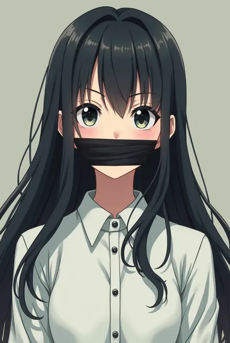 an anime girl with long black hair and a white shirt. Her mouth is covered with black tape. She appears distressed. 