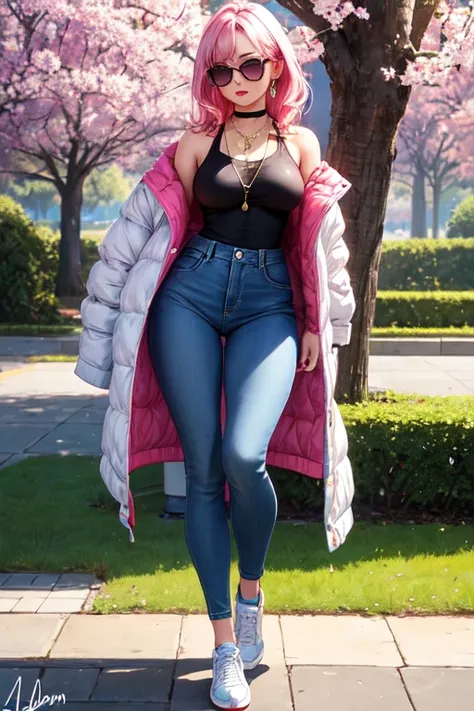 Aiden Sakura, a 1 university sophomore, is sitting on a stone in the park. Behind her is a small tree, adding a touch of nature to the scene. Aiden stands out with her unique and elegant appearance, featuring pink hair with red tips, similar to Mitsuri’s s...