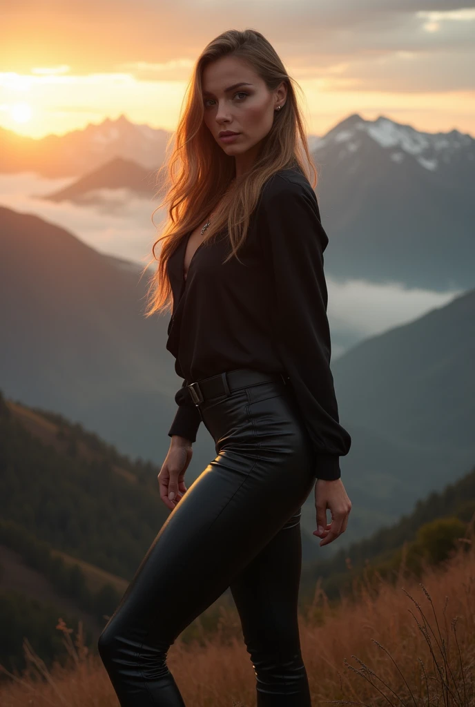 Very beautiful Slavic woman, pale skin, long light brown hair, muscular, Sitting on a hill, She wears a black silk blouse and leather pants, mountains, The fog is creeping,Low clouds lie in the valley, indigo, Sundown, photo, body complet, sharp-focus, dyn...