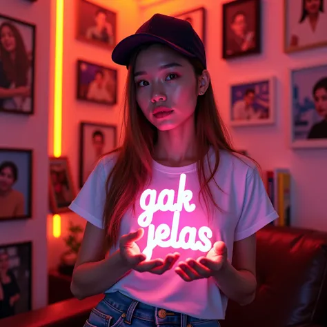 a beautiful thai woman with long light brown hair wearing a cool snapback hat.white t-shirt jeans holding a white blue glowing 3D text "GAK JELAS" bright colors dynamic pose.background of a room with various photo frames and books neon light red yellow 32k...